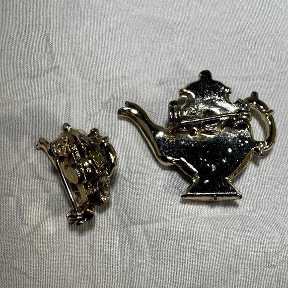 Miniature Turquoise & Gold Teapot Label Brooch Pin Set 2 sizes nice weight - Picture 6 of 7